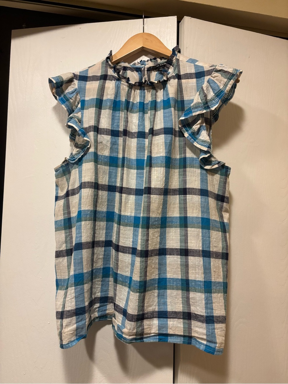 a.n.a Blue and White Plaid Ruffle Sleeve Top